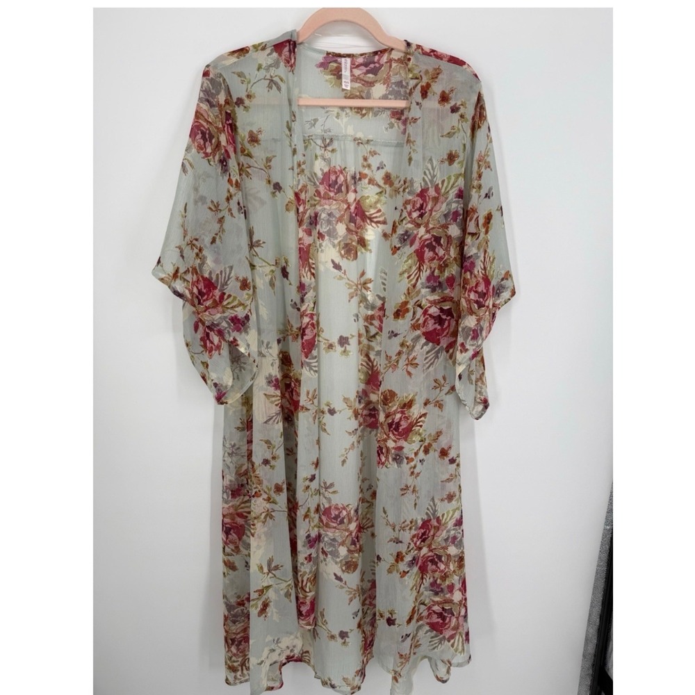 Sheer Floral Kimono Robe Long Duster Open Front Festival Sage Pink Whimsygoth S - Picture 2 of 8